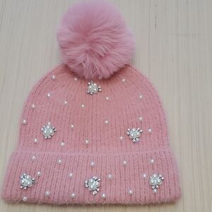 Elegant Pink Beaded Pom-Pom Hat